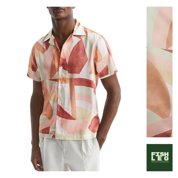 Reiss | Taiko Abstract Print Cuban SS Shirt - Pink & Orange & Red / Sz M - Picture 1 of 10